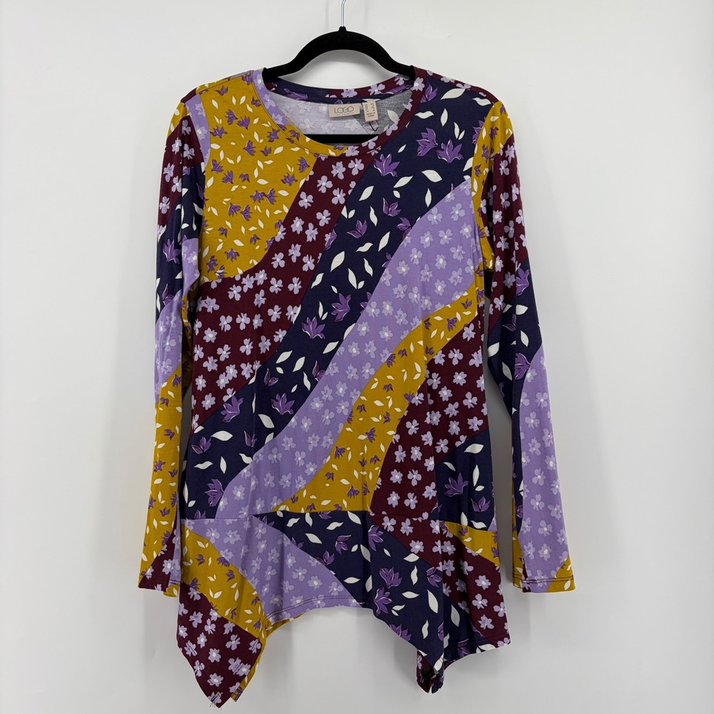 LOGO Lori Goldstein Patchwork Floral Long Sleeve Asymmetrical Tunic Top‎ XS